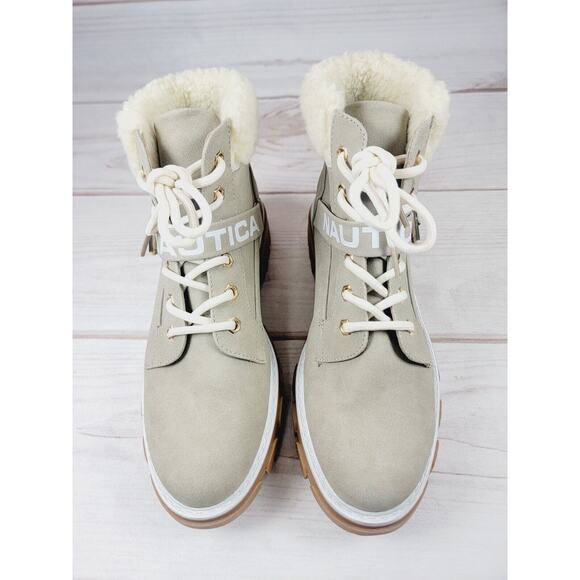 Womens Nautica Evona Ankle Hiker Boots Lace Up Beige Taupe Faux Suede Sz 7.5 - Picture 3 of 16